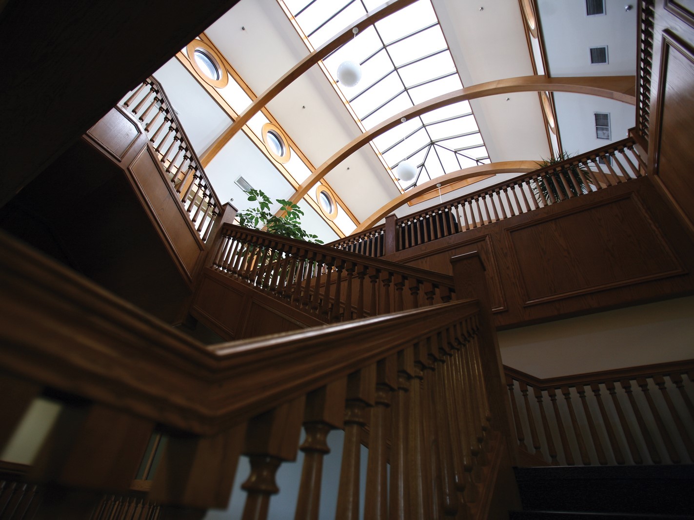 The iconic stairwell and ceiling windows in Carroll Science, which houses the Department of English at Baylor University