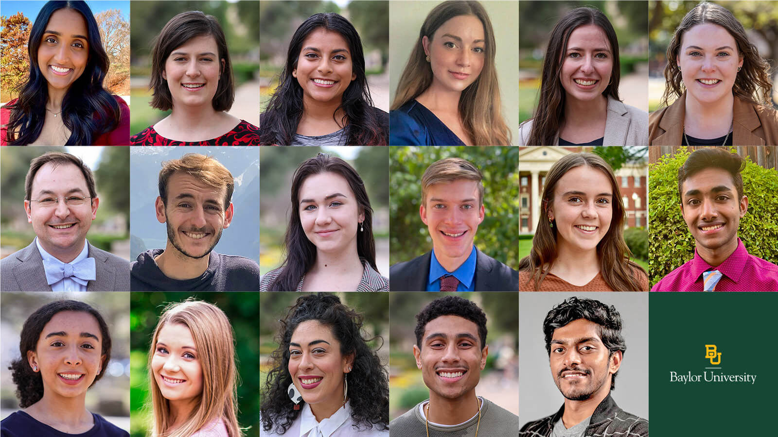 Photos of 17 Baylor students are shown, representing recipients of the prestigious Fulbright, Truman, Clinton, Goldwater, Boren, Critical Language, Marshall and Churchill scholarships