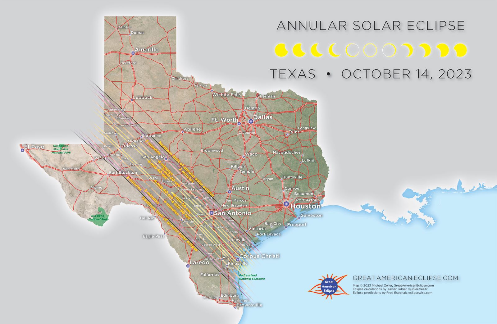 2023 Annular Eclipse Map through Texas 