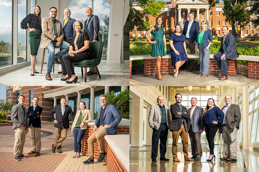 A collage of 20 researchers at various locations on Baylor campus