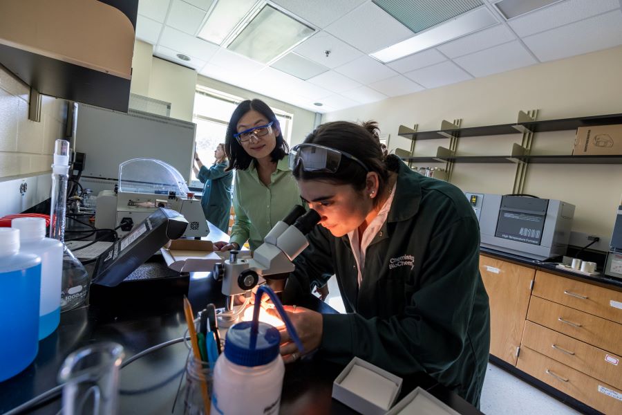 Baylor chemistry professor Julia Chan with a student in her Materials Science lab