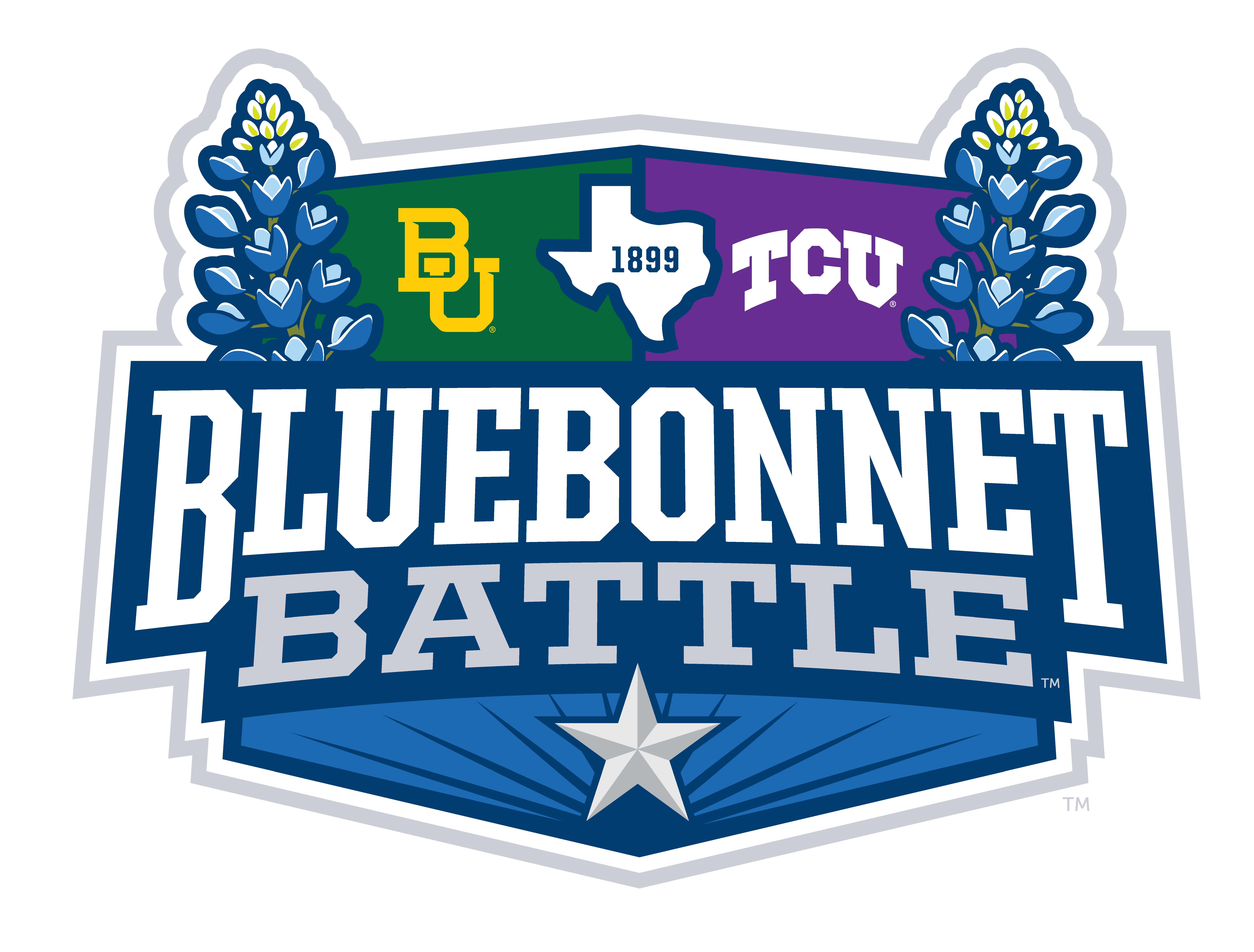 Bluebonnet Battle logo with BU and TCU, 1899 in the Texas state shape and a lone star at the bottom