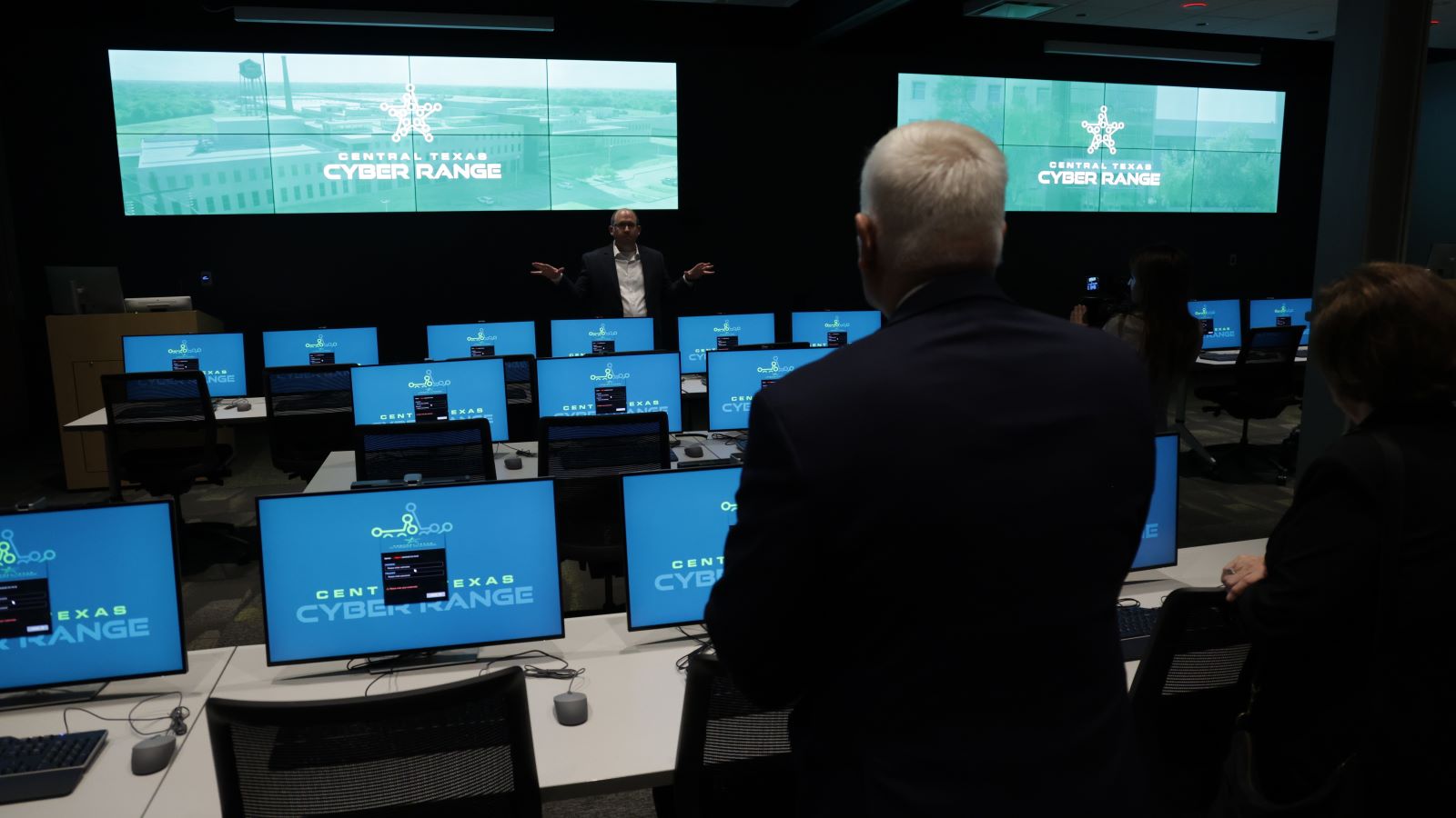 Computers and screens that makes up the Central Texas Cyber Range