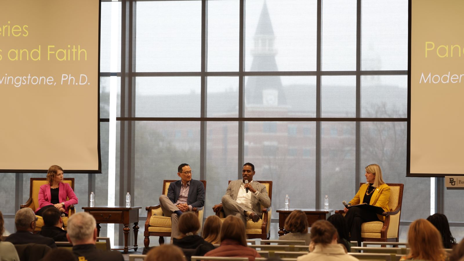 Photo of Baylor President Linda Livingstone with three panelists speaking about politics and faith.