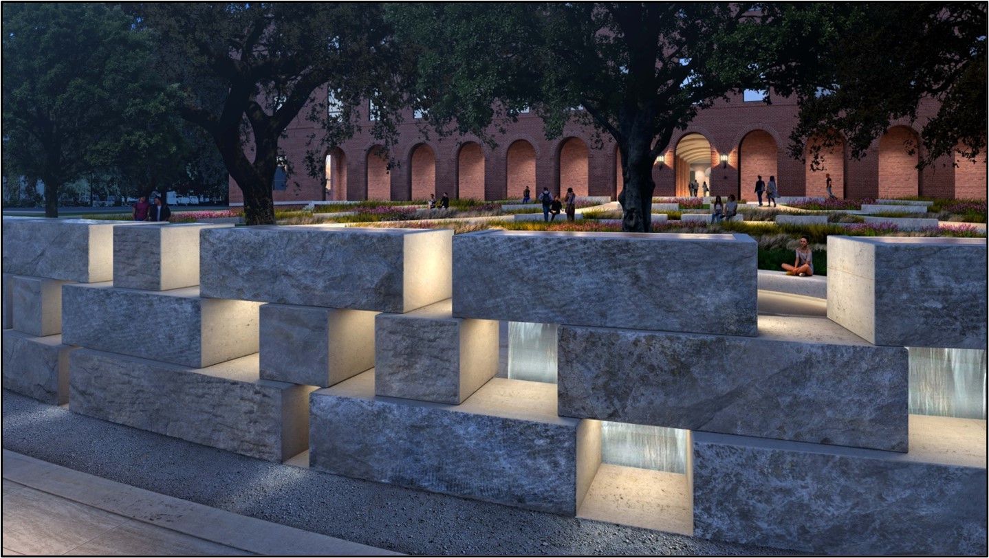 There are 33 illuminated voids in the Outer Ring of the Memorial, symbolizing the 33 individuals enslaved by Judge R.E.B. Baylor. The voids are different sizes, representing the different ages of the individuals. 
