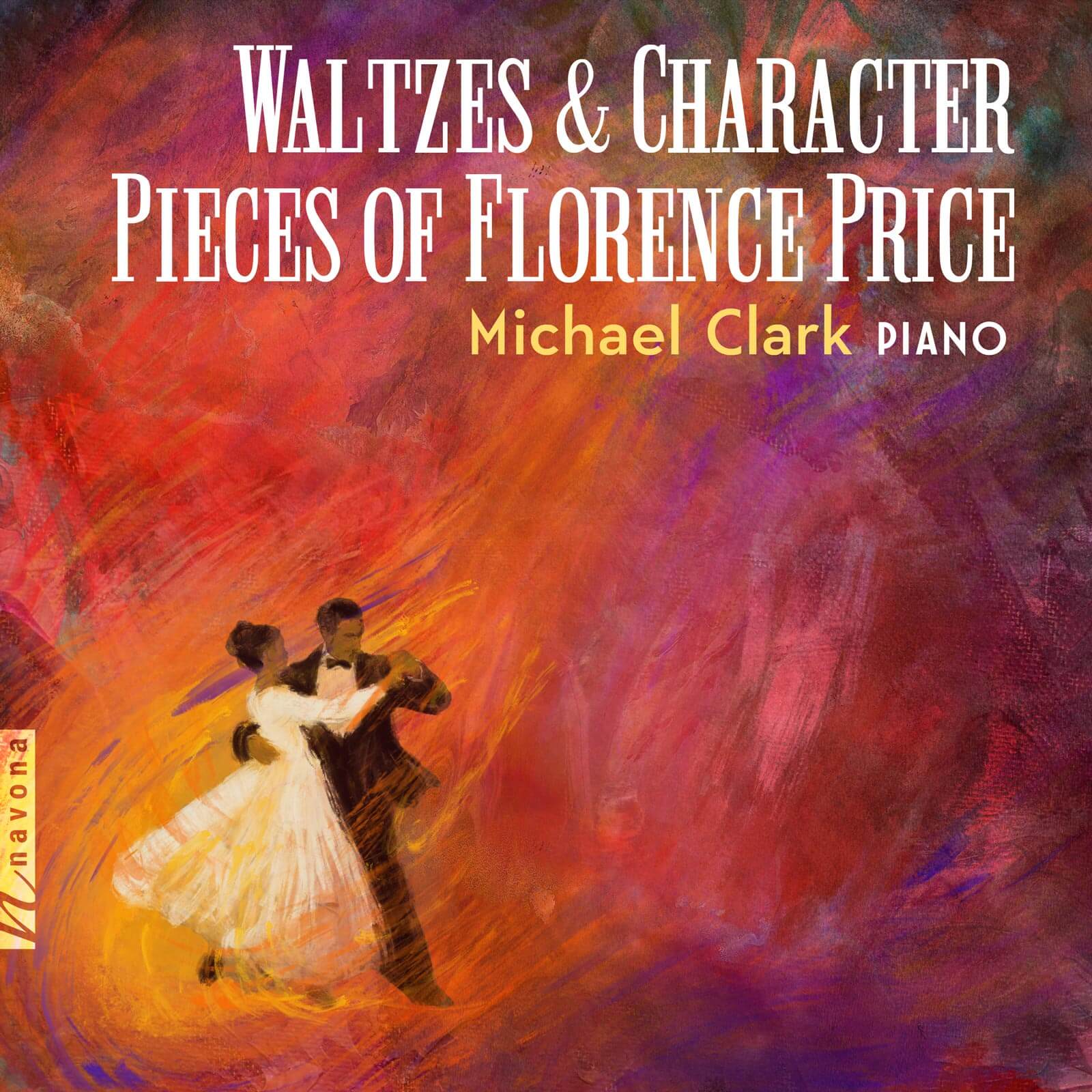 album cover for Waltzes & Character Pieces of Florence Price by Michael Clark on Piano depicting a colorful painting a formally dressed man and woman dancing