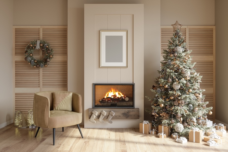 Neat and clutter free living room decorated for Christmas