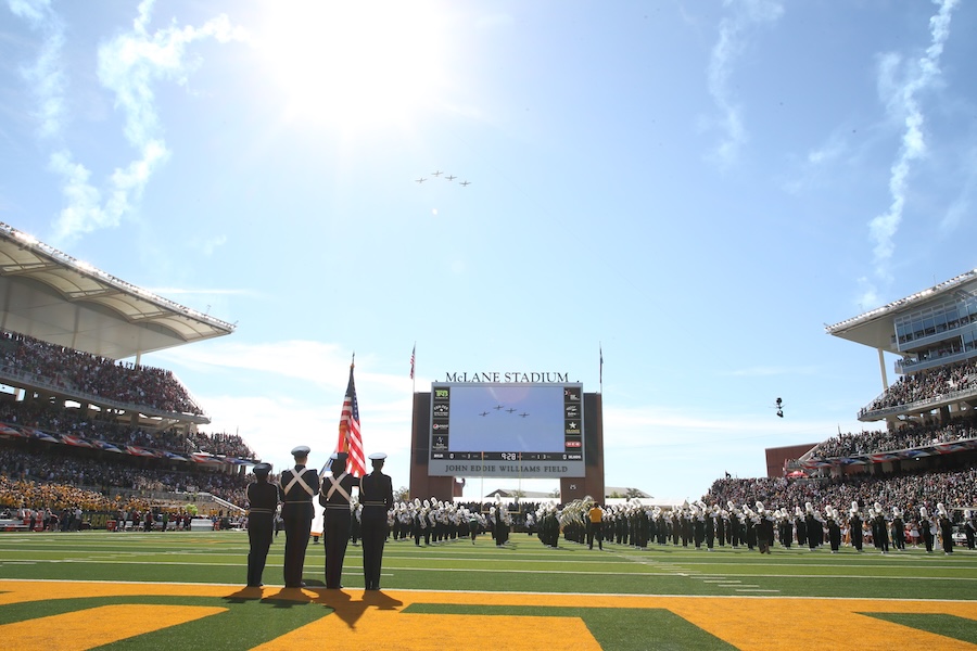 AFROTC color guard during flyover at Baylor football game