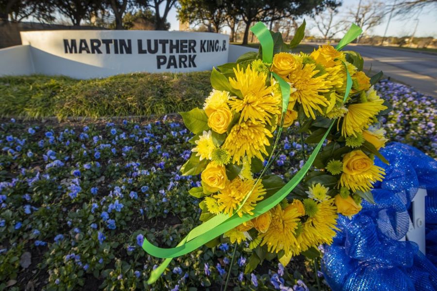A wreath of yellow flowers at Dr. Martin Luther King Jr. Memorial Park in Waco, Texas