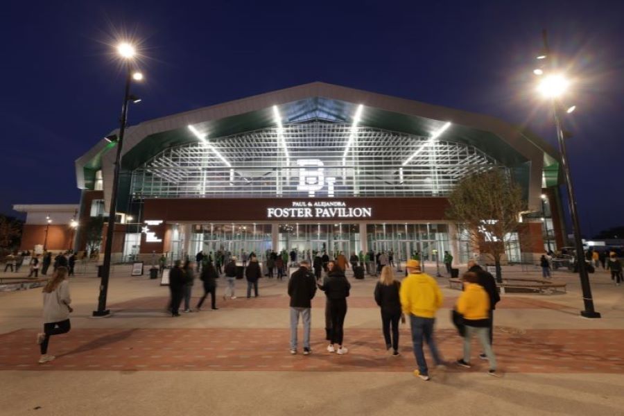 Fans walking into the entrance of the Paul and Alejandra Pavilion