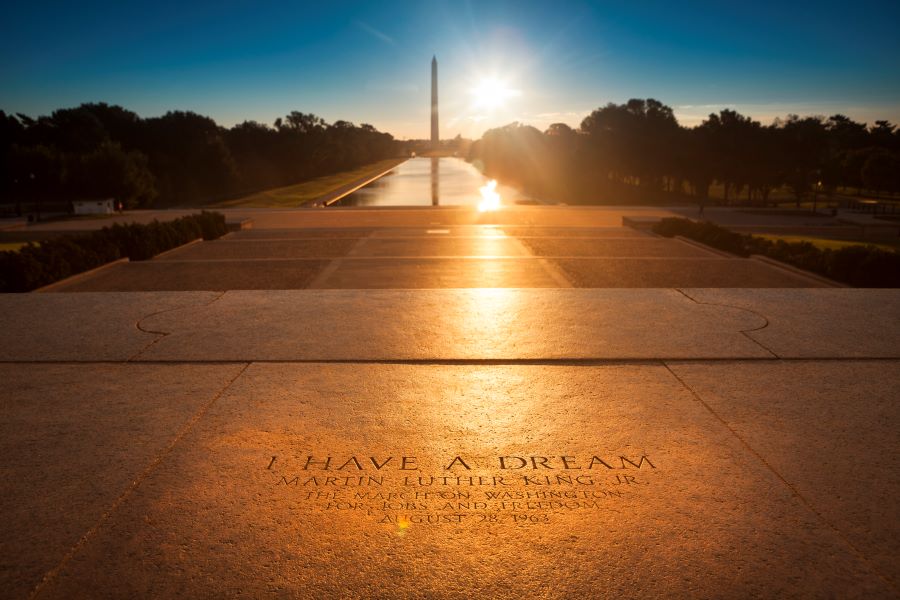 Martin Luther King quote inscription "I Have a Dream" on the steps of the Lincoln Memorial on The National Mall.