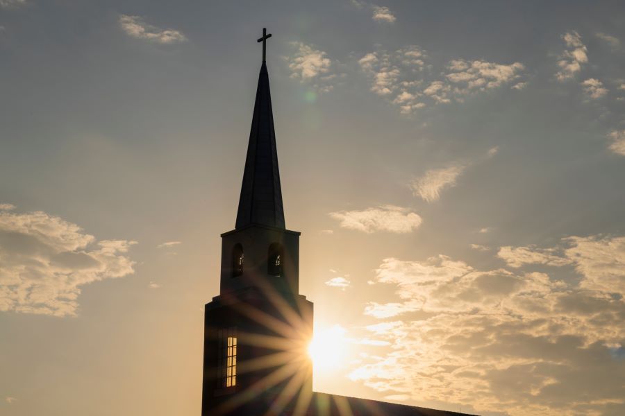 Sunrise over the Powell Chapel steeple at Baylor University's Truett Seminary