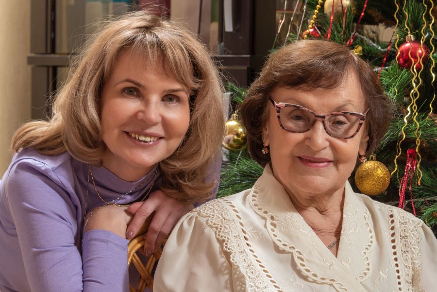 Mom and adult daughter at Christmas