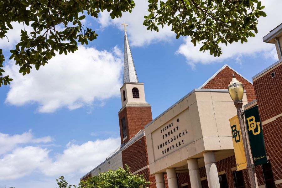 Red brick exterior and chapel steeple of Baylor University's George W. Truett Theological Seminary
