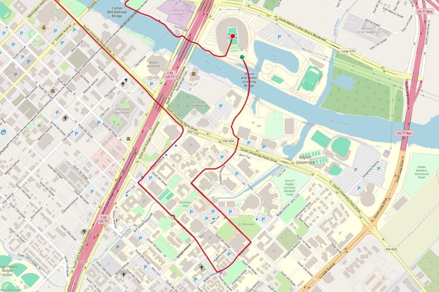 Map showing a race course for Bearathon runners in Waco, Texas