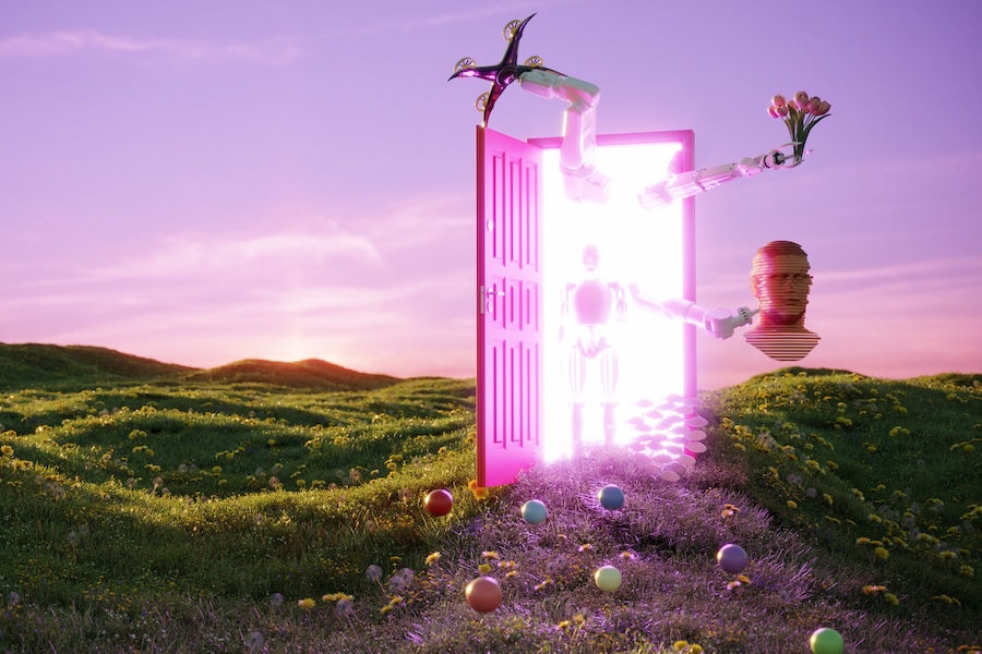 bright pink door opening to virtual reality Metavers
