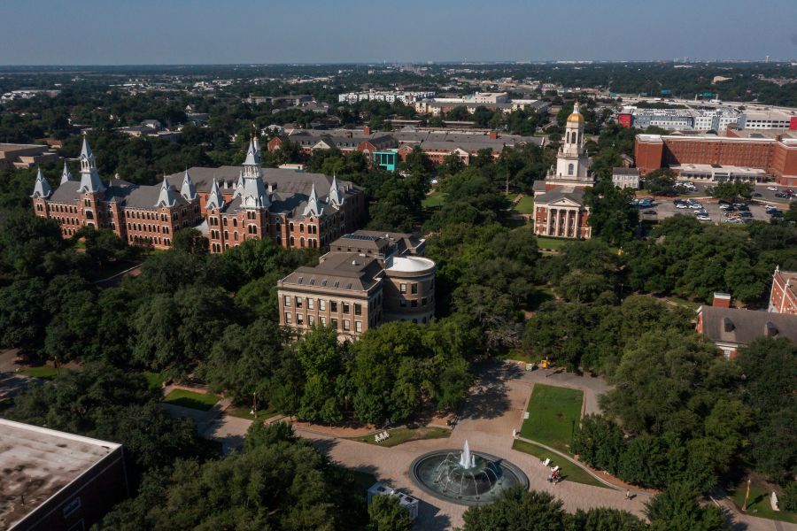 Aerial view of the Baylor campus looking over Rosenbalm Fountain, tower of Pat Neff Hall, Carroll Science and the spires on the quadrangle