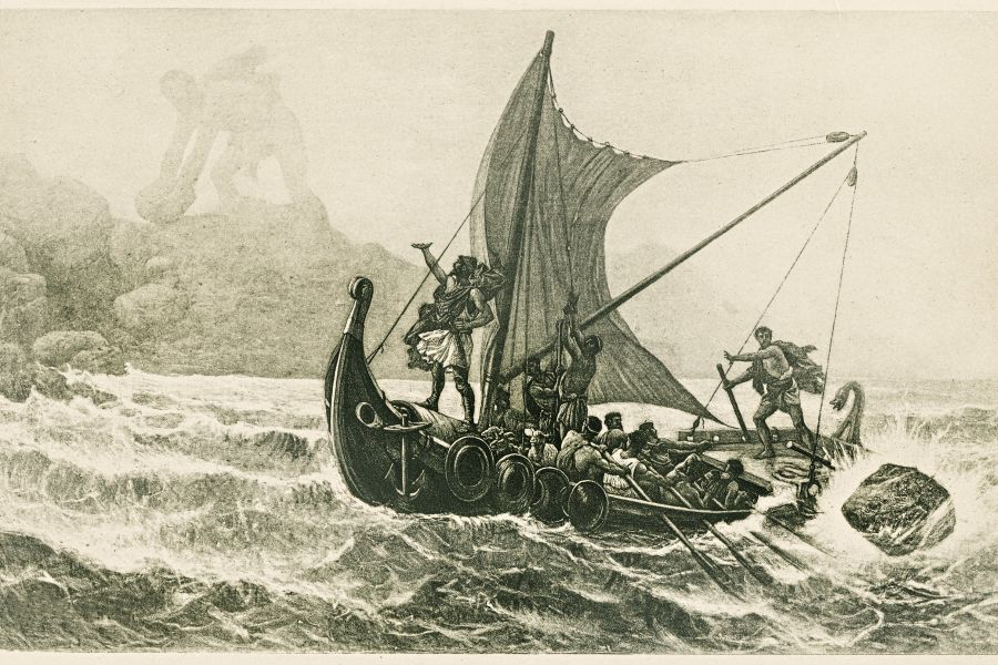 The Odyssey - Ulysses and his men escaping from Polyphemus engraving 1894
