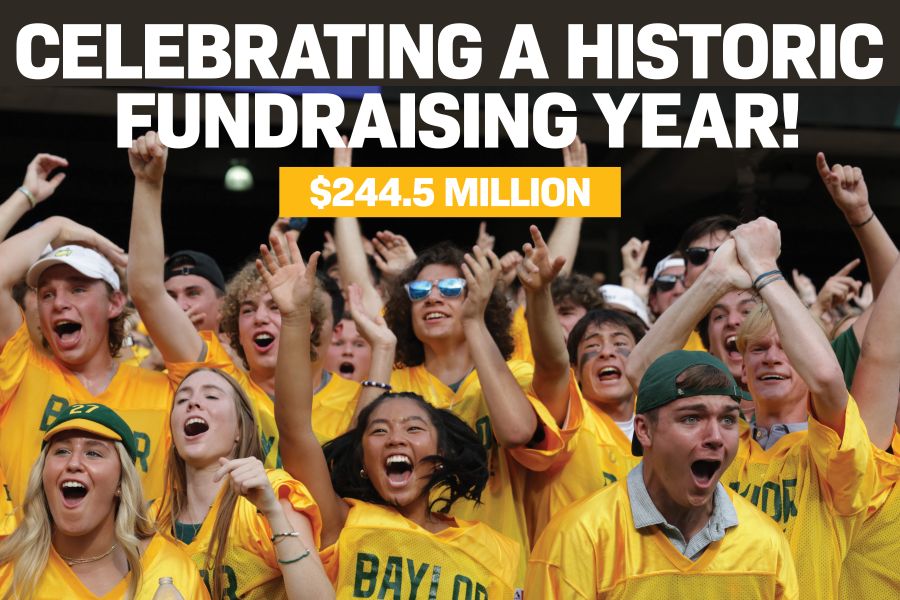 Photo of cheering students with the words Celebrating a historic fundraising year of $244.5 million