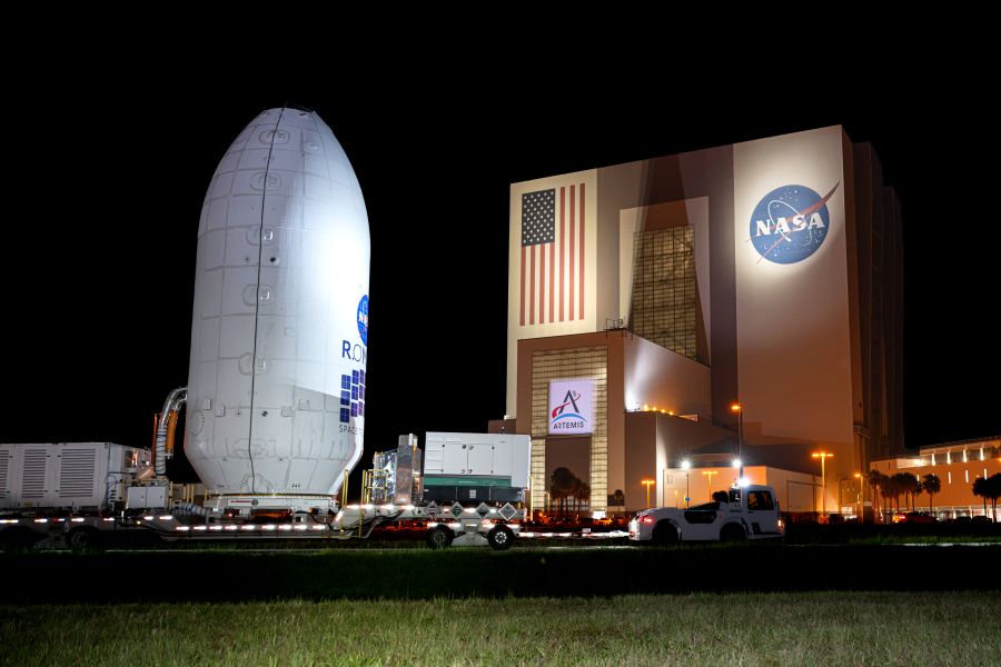 The Nancy Roman Grace Space Telescope travels from the Payload Hazardous Servicing Facility to the SpaceX hangar at Launch Complex 39A at NASA’s Kennedy Space Center