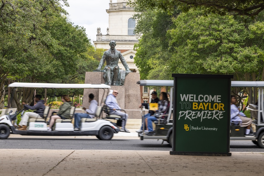 campus tours for Baylor Fall Premiere recruiting event with Judge Baylor statue and Pat Neff Hall in the background