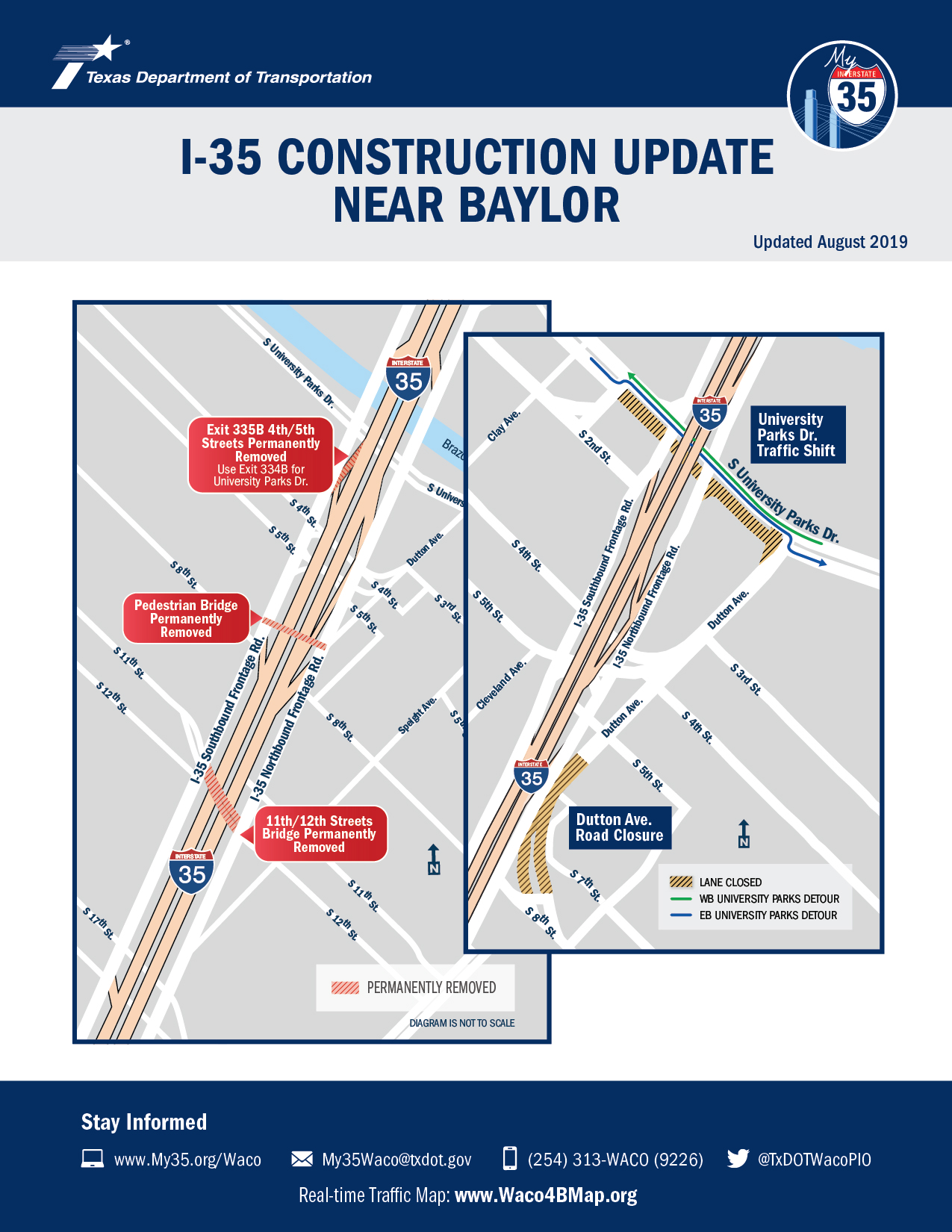 Baylor I-35 construction update map Aug 2019