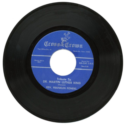 A 45 RPM record with a blue label