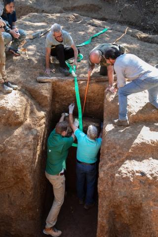 Team prepares to remove stone door on fully intact Etruscan chamber tomb