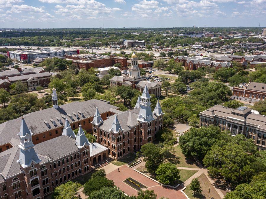 Aerial view of Pat Neff Hall and Old Main skyline, Baylor University campus
