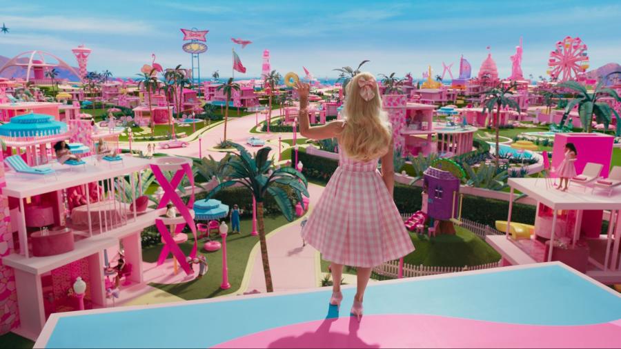Scene from the Barbie movie of Barbie looking over her world