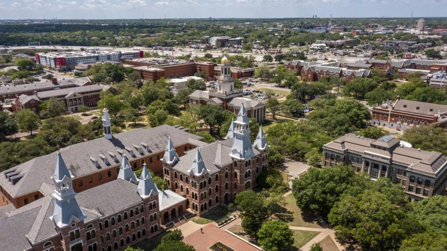 Aerial view of Pat Neff Hall and Old Main skyline, Baylor University campus