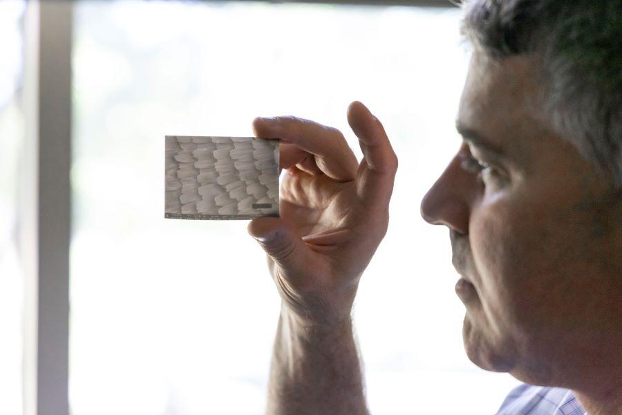 Baylor chemistry professor Bryan F. Shaw holds a tactile lithophane of a butterfly wing.
