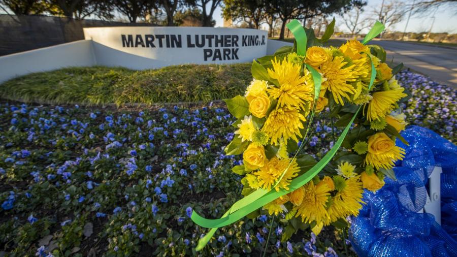 Wreath of yellow flowers at Waco's Martin Luther King Jr. Park