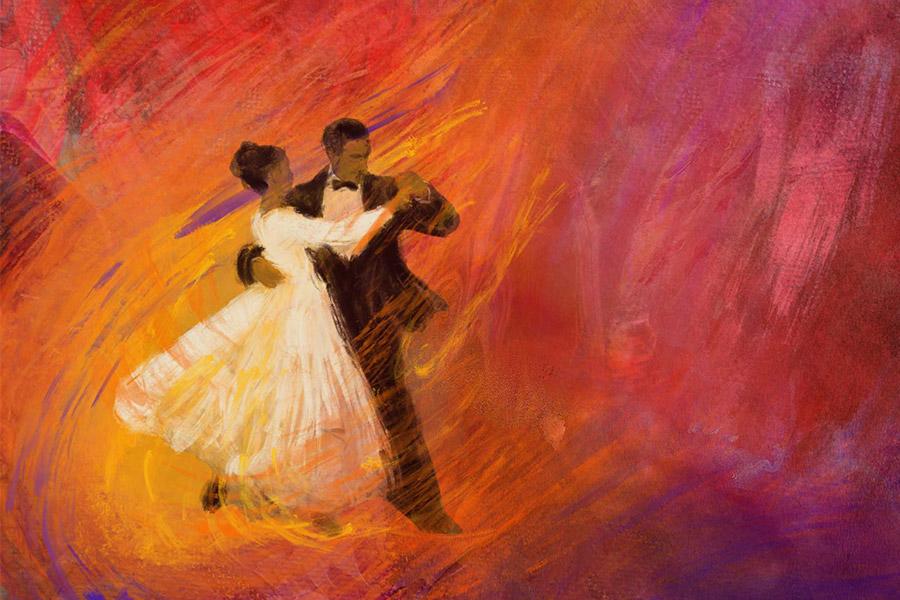 colorful painting a formally dressed man and woman dancing
