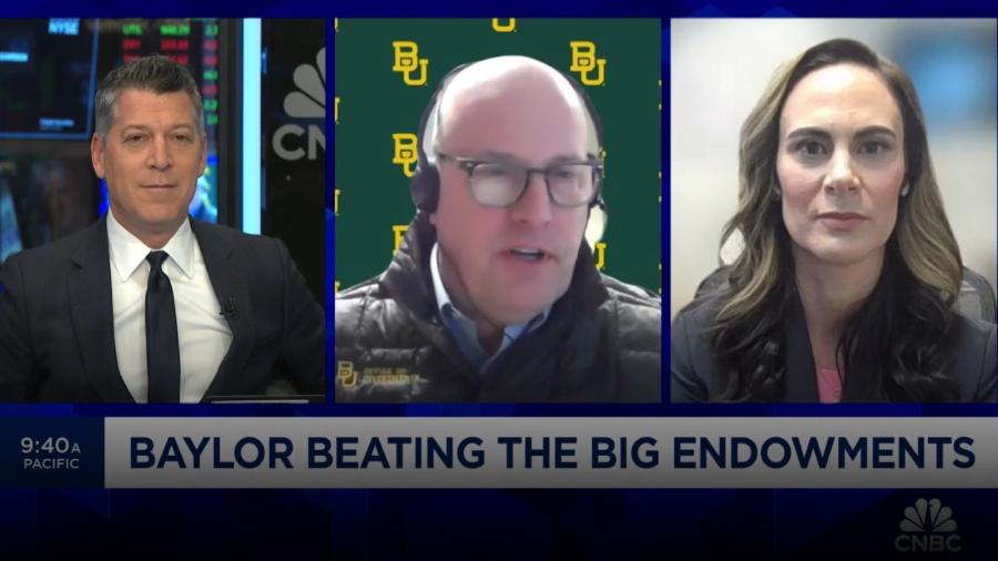 Screenshot of the CNBC-TV business show Halftime Report with the host on the left asking questions of David Morehead and Renee Hanna with the Baylor Office of Investments