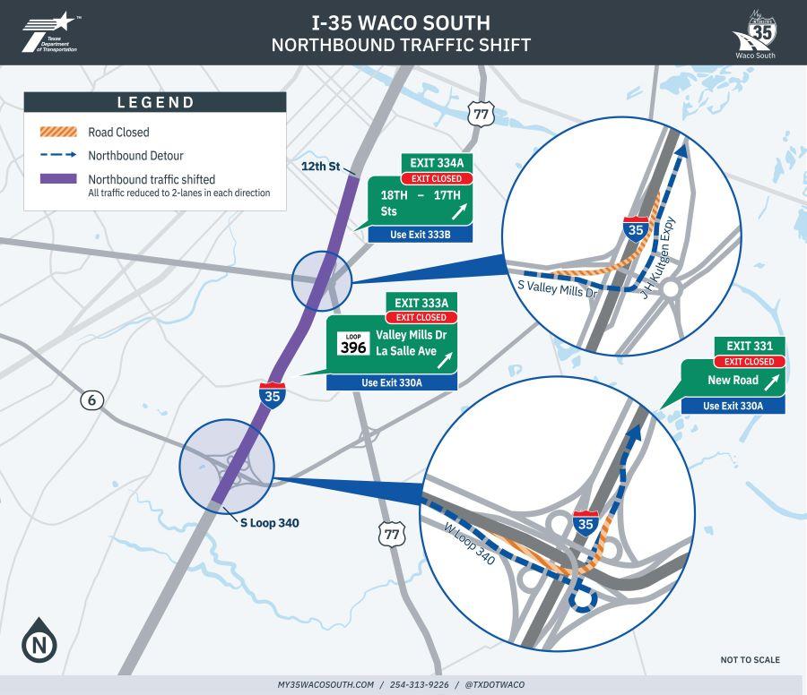Map of Interstate 35 through Waco that shows changing traffic patterns and exit closures