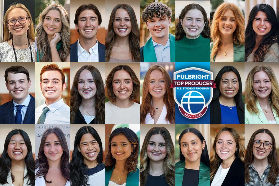Photo composite of 20 Baylor students and recent alumni who have won the Fulbright. Also includes Baylor's badge as a Fulbright Top Producing Institution