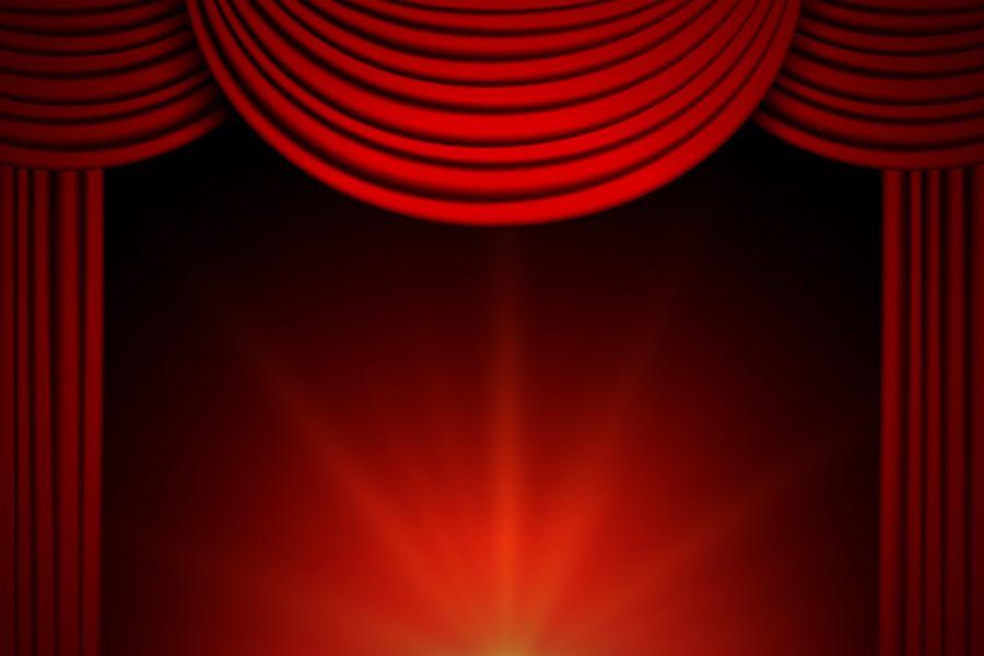 Stage with red curtain and lights background - stock illustration