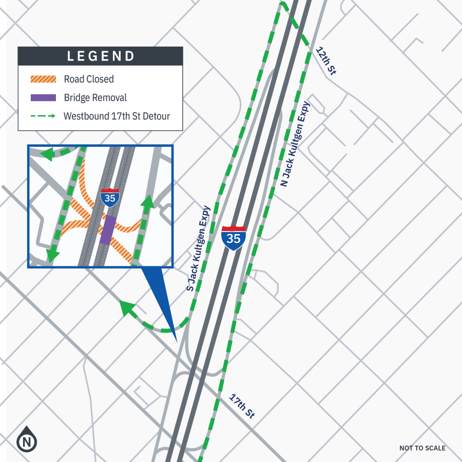 Map of I-35 through Waco that shows drivers a detour map as the northbound 17th Street bridge is demolished.
