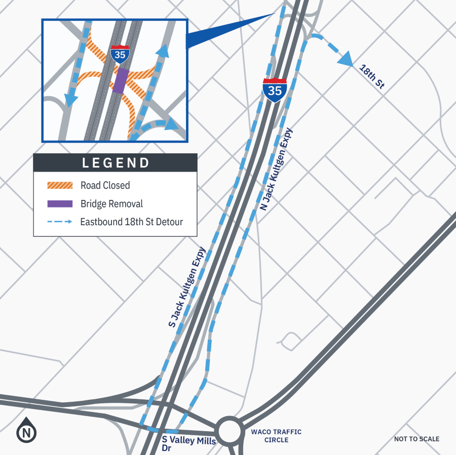 Map of I-35 through Waco that shows drivers a detour map as the northbound 17th Street bridge is demolished.