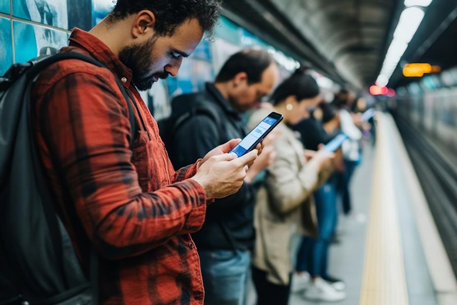 people standing in subway station looking at phones