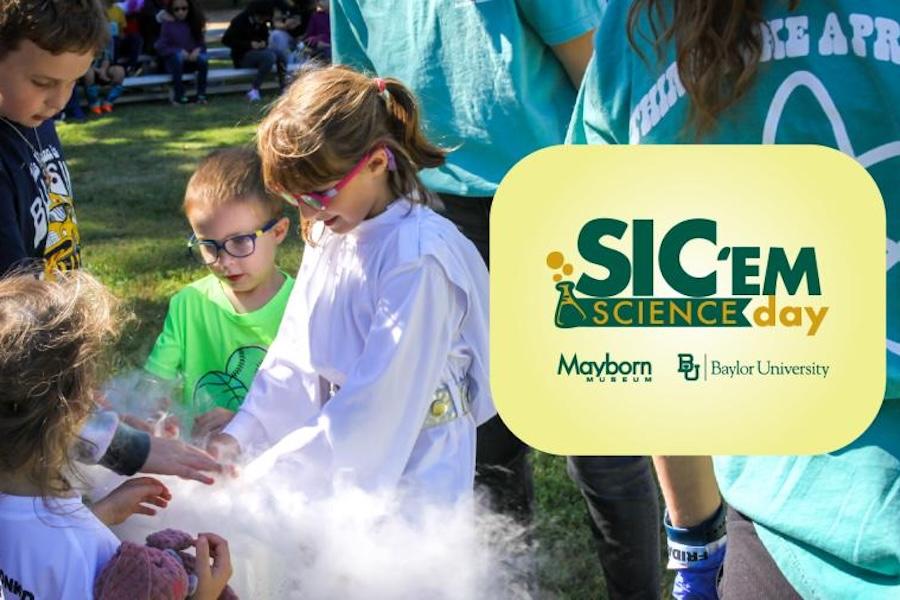 photo of children being led in science experiments by Baylor students for Sic 'em science
