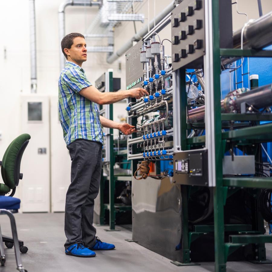 Mechanical engineering professor Clayton Mulvihill works in his Reaction Kinetics Lab at Baylor University which explores the fundamentals of chemically reacting systems.