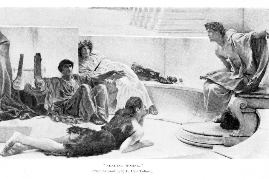 Young people in togas listening to a man giving a dramatic reading of Homer, born in the 8th century, the Greek epic poet who wrote the Iliad and Odyssey. Illustration published 1893. 