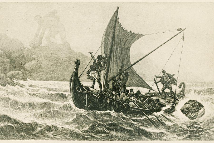 The Odyssey - Ulysses and his men escaping from Polyphemus engraving 1894