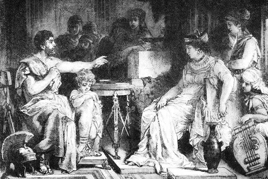 1882 engraved illustration of a scene from The Odyssey of Ulysses (or Odysseus) revealing himself to his wife, Penelope.