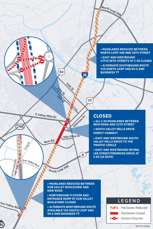 Map showing I-35 mainlane closures through Waco, Texas, for 24 hours beginning at Midnight Aug. 7 to remove the Valley Mills Drive flyover.