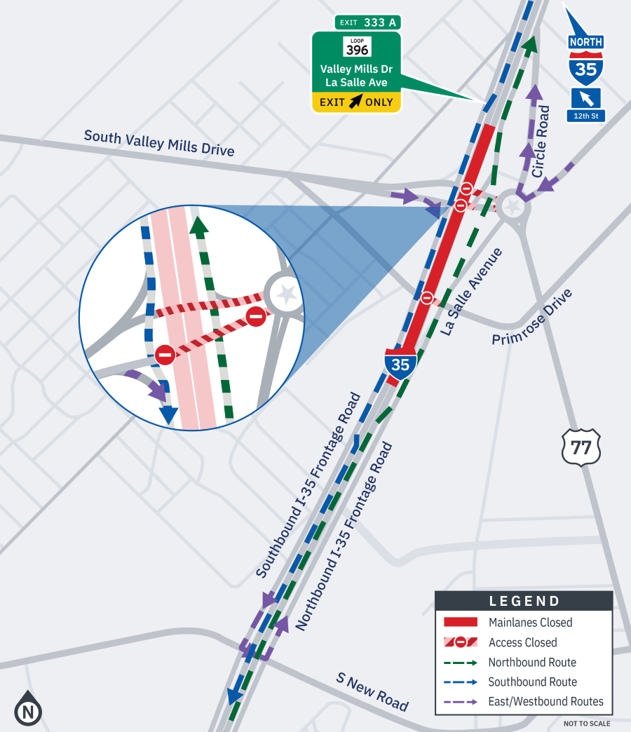 Map of I-35 through Waco that shows drivers a detour map during an overnight mainlane closure as crews remove the South Valley Mills Drive bridge.