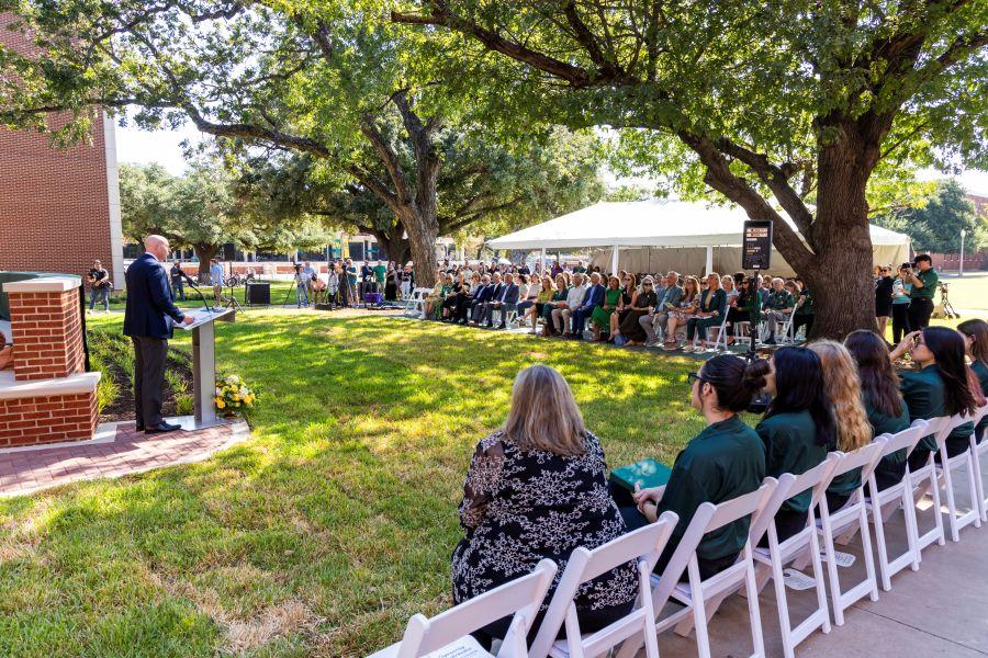 Crowd gathers at Baylor University to celebrate the official unveiling of the Moody School of Education sign in recognition of the Moody Foundation's transformational $30 million gift to the School of Education.