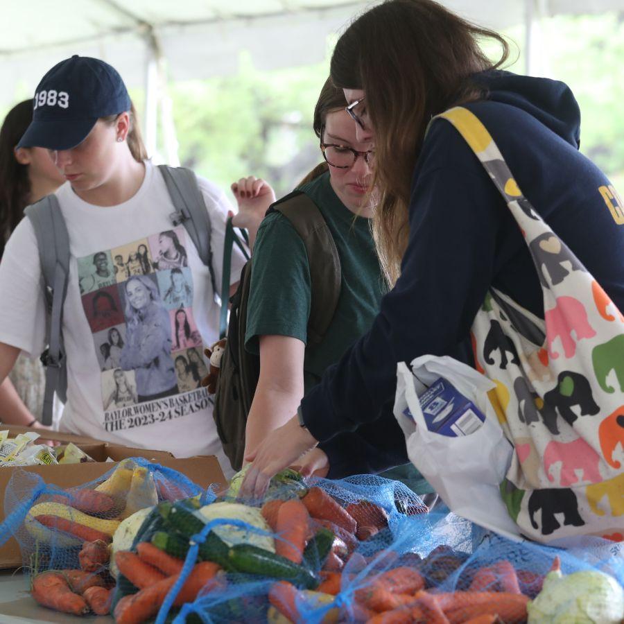 Students choosing fresh vegetables at a free farmers market